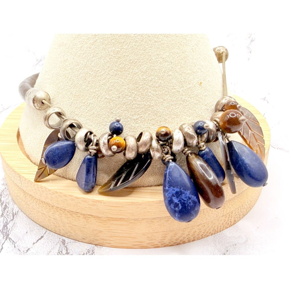 Unique Blue Stone Charm Bracelet Abalone Leaf Boho Quartz Iolite